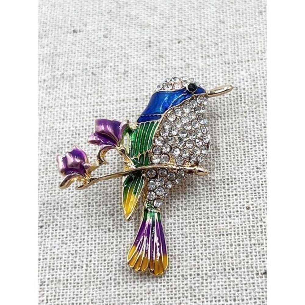 Vintage Rhinestone Branch Flower Bird Brooch Pin